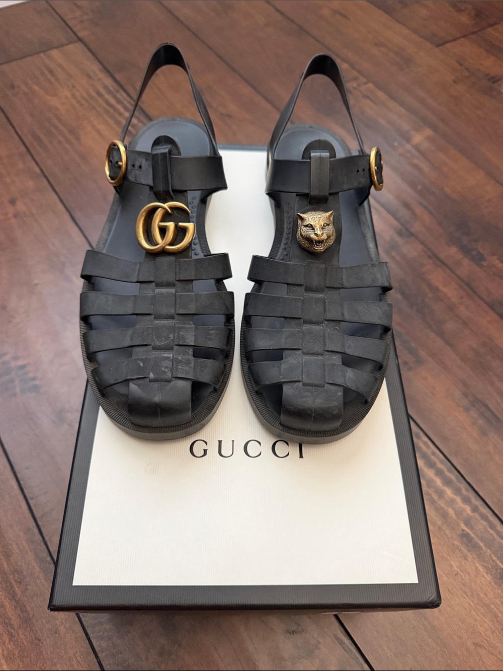 Gucci Black Rubber Fisherman Sandals with Gold GG & Cat Head Accents